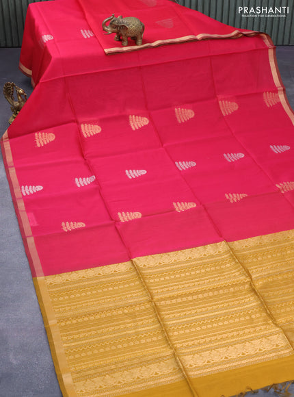 Kora silk cotton saree pink and dark mustard with silver & gold zari woven buttas and zari woven simple border