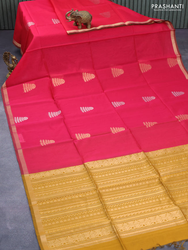 Kora silk cotton saree pink and dark mustard with silver & gold zari woven buttas and zari woven simple border