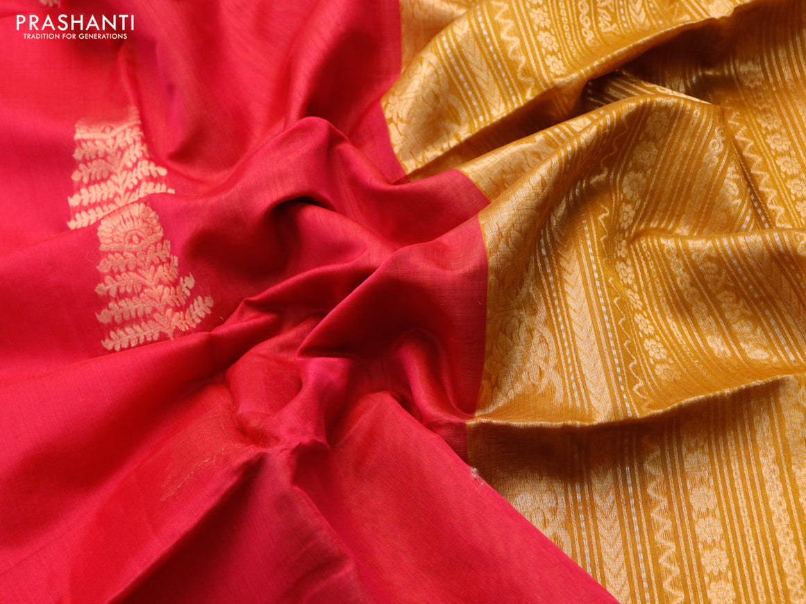 Kora silk cotton saree pink and dark mustard with silver & gold zari woven buttas and zari woven simple border