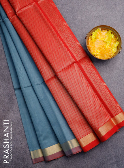 Kora silk cotton saree greyish blue and red with thread & zari woven buttas and zari woven border