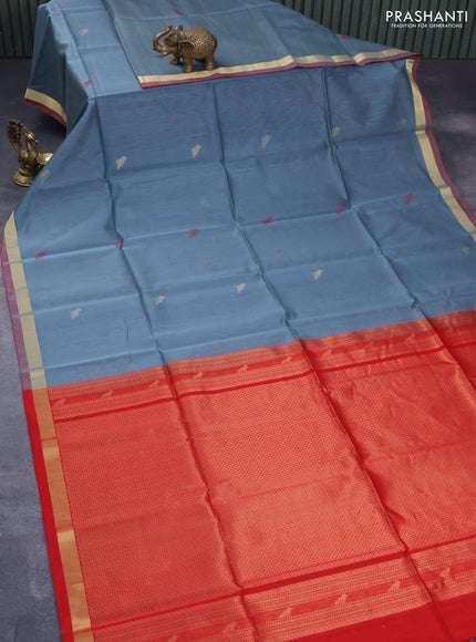 Kora silk cotton saree greyish blue and red with thread & zari woven buttas and zari woven border