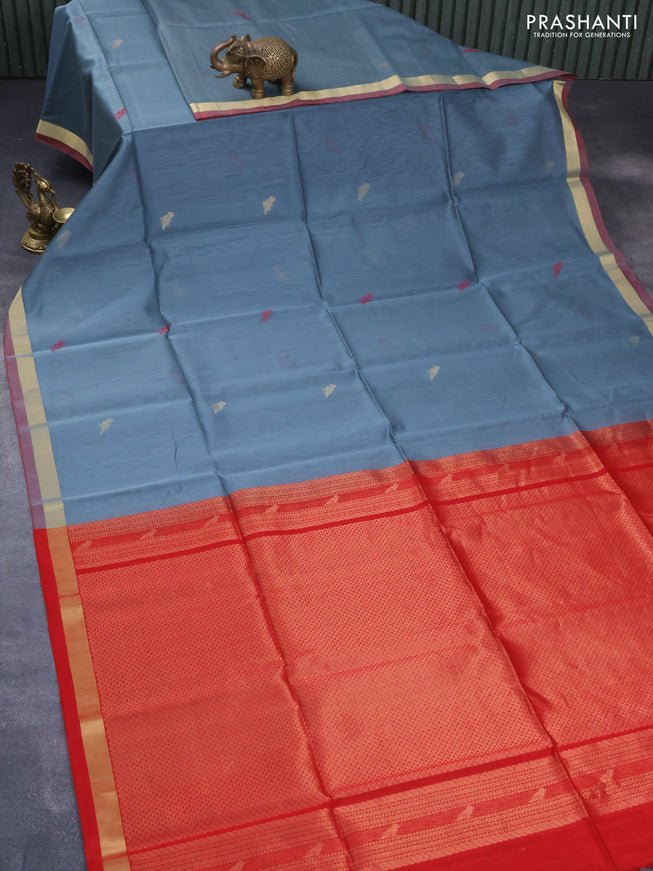 Kora silk cotton saree greyish blue and red with thread & zari woven buttas and zari woven border