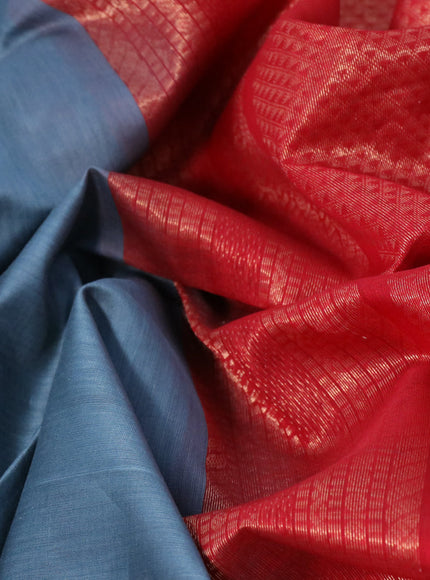 Kora silk cotton saree greyish blue and red with thread & zari woven buttas and zari woven border