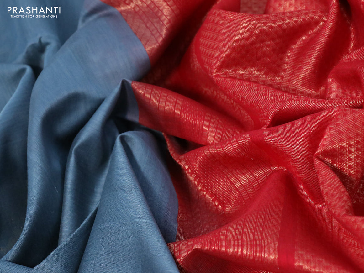 Kora silk cotton saree greyish blue and red with thread & zari woven buttas and zari woven border