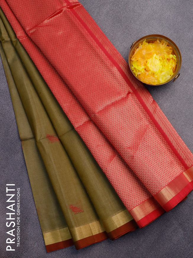 Kora silk cotton saree olive green shade and pink with thread & zari woven buttas and zari woven border