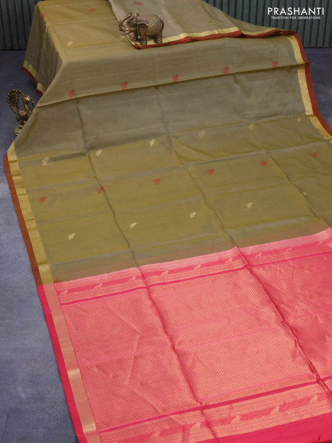 Kora silk cotton saree olive green shade and pink with thread & zari woven buttas and zari woven border