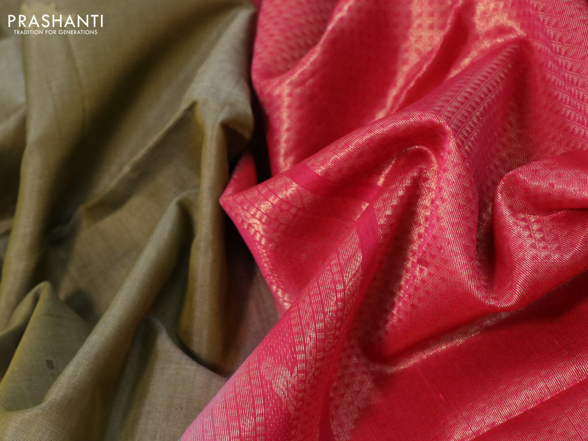 Kora silk cotton saree olive green shade and pink with thread & zari woven buttas and zari woven border