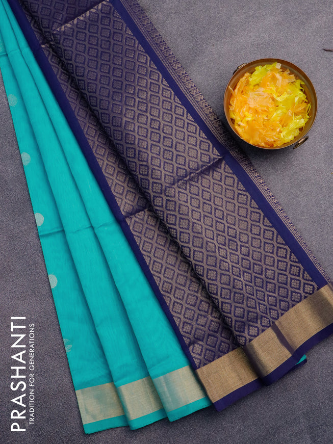 Kora silk cotton saree teal blue and blue with zari woven buttas and zari woven border