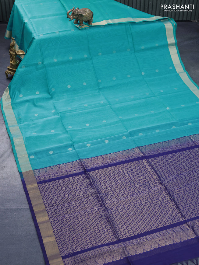 Kora silk cotton saree teal blue and blue with zari woven buttas and zari woven border