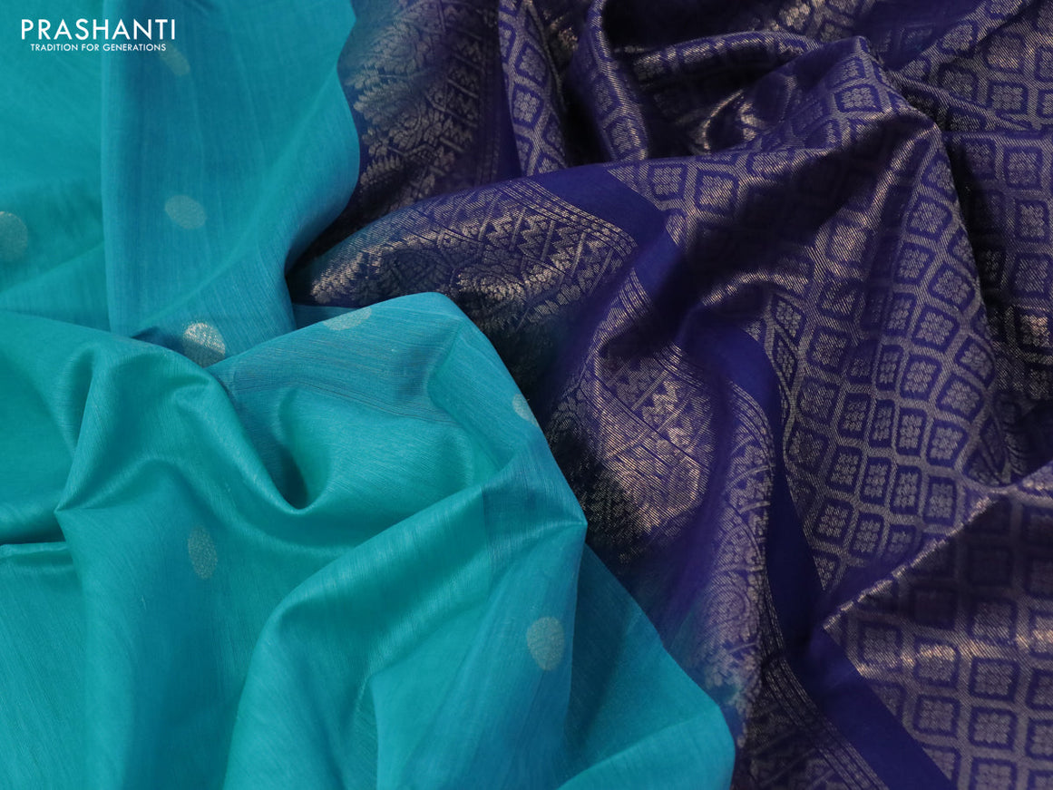 Kora silk cotton saree teal blue and blue with zari woven buttas and zari woven border