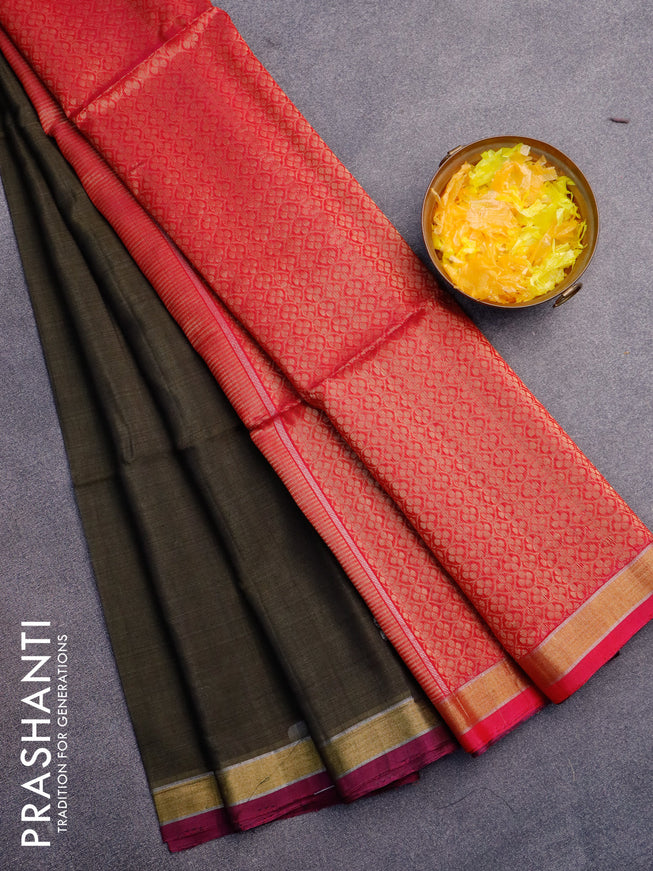 Kora silk cotton saree grey and magenta pink with zari woven buttas and zari woven border