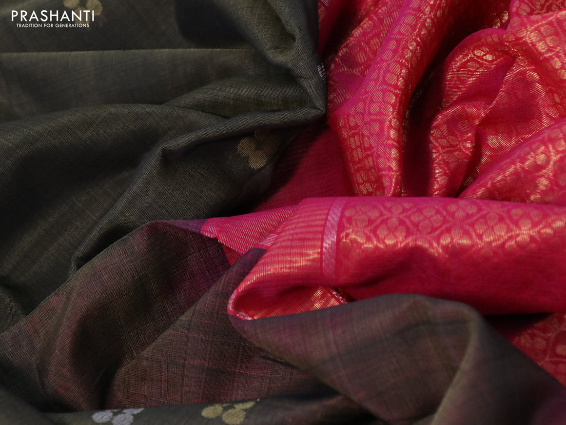 Kora silk cotton saree grey and magenta pink with zari woven buttas and zari woven border