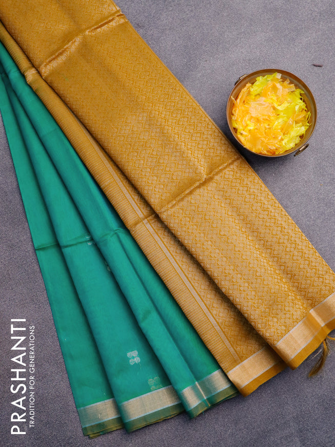 Kora silk cotton saree green and mustard shade with zari woven buttas and zari woven border