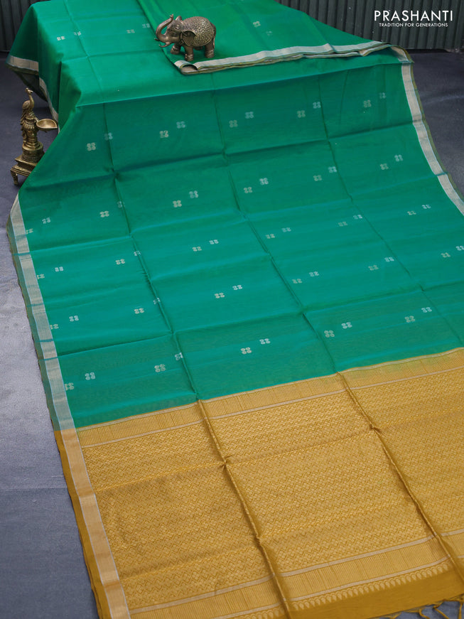 Kora silk cotton saree green and mustard shade with zari woven buttas and zari woven border