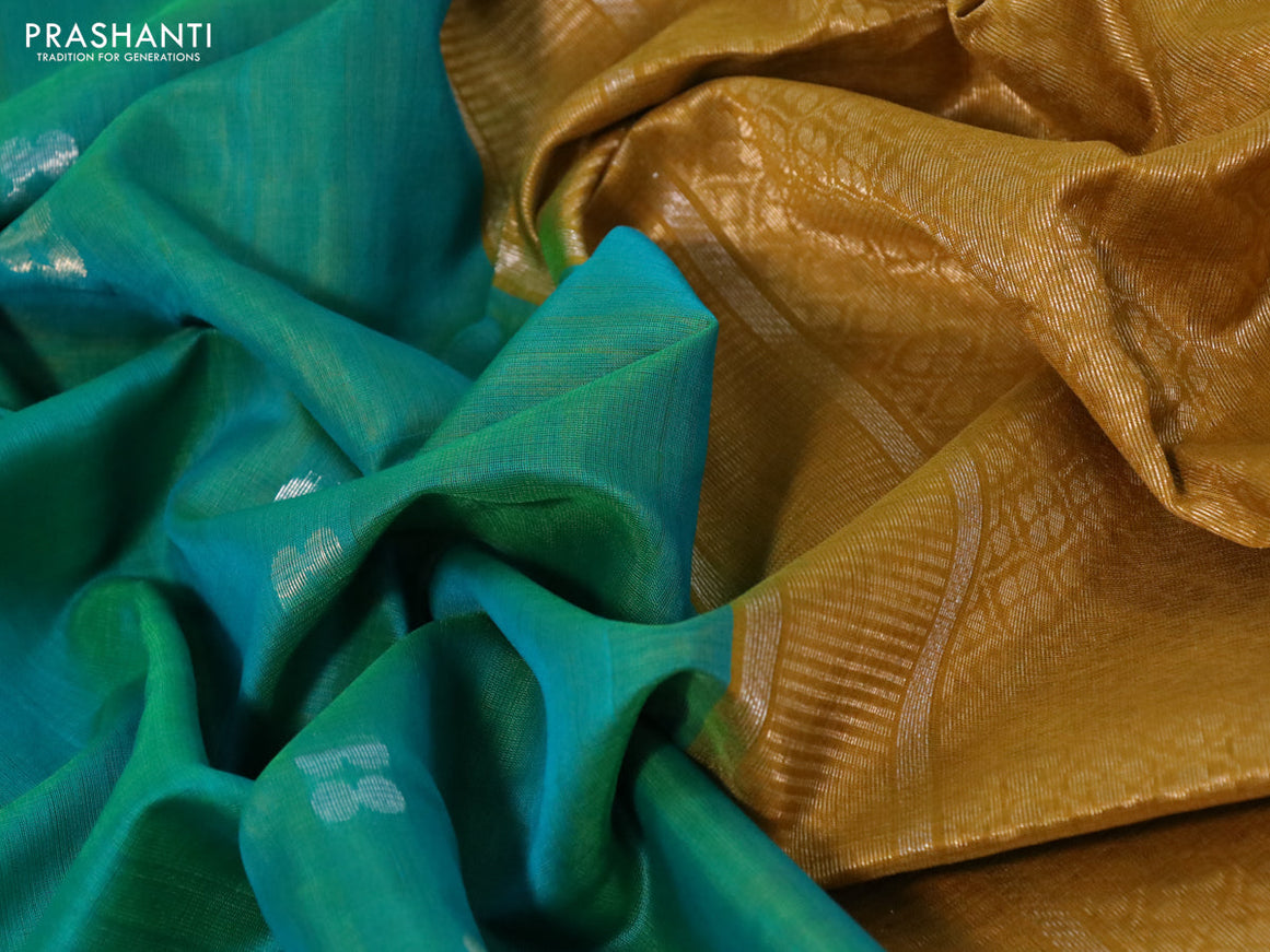 Kora silk cotton saree green and mustard shade with zari woven buttas and zari woven border