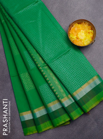 Kora silk cotton saree green and dual shade of yellow with silver zari woven box type buttas and zari woven simple border