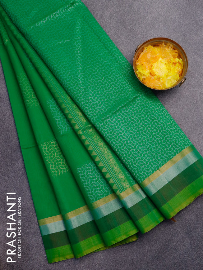 Kora silk cotton saree green and dual shade of yellow with silver zari woven box type buttas and zari woven simple border