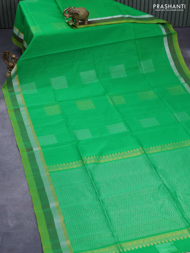 Kora silk cotton saree green and dual shade of yellow with silver zari woven box type buttas and zari woven simple border