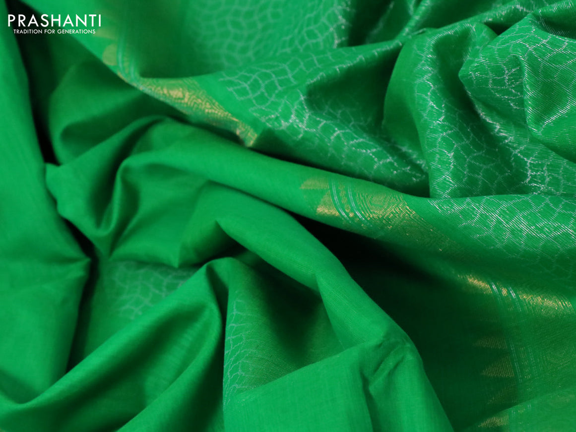 Kora silk cotton saree green and dual shade of yellow with silver zari woven box type buttas and zari woven simple border