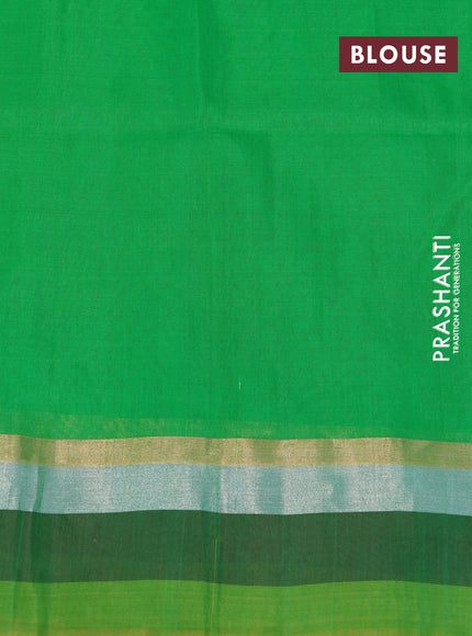 Kora silk cotton saree green and dual shade of yellow with silver zari woven box type buttas and zari woven simple border