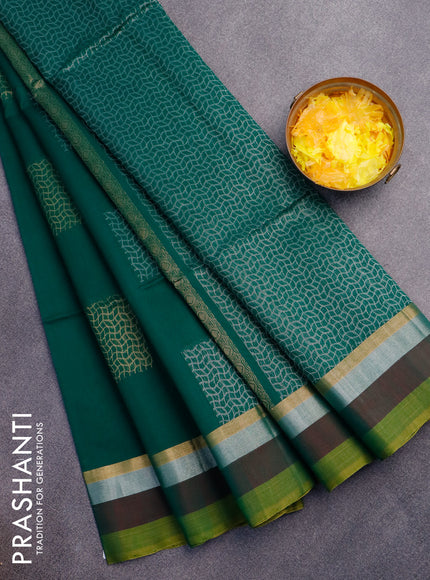 Kora silk cotton saree dark green with silver zari woven box type buttas and zari woven simple border