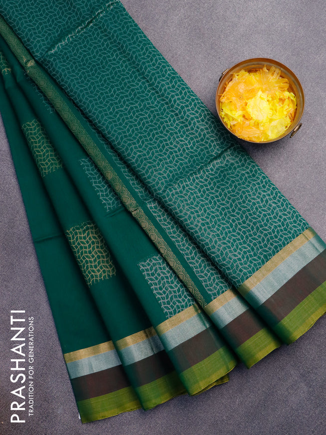 Kora silk cotton saree dark green with silver zari woven box type buttas and zari woven simple border