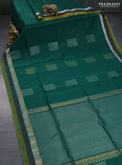 Kora silk cotton saree dark green with silver zari woven box type buttas and zari woven simple border