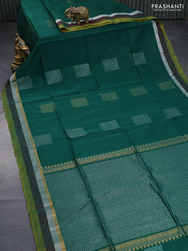 Kora silk cotton saree dark green with silver zari woven box type buttas and zari woven simple border