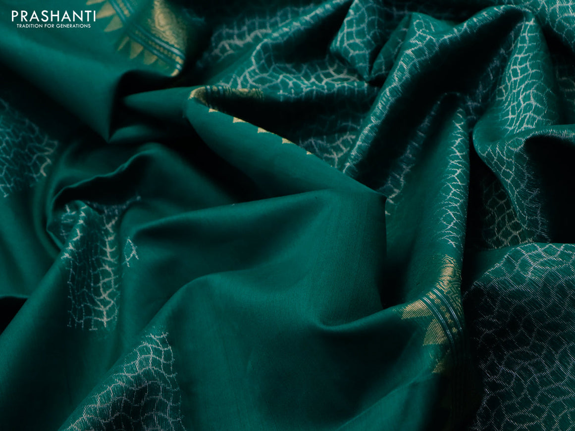 Kora silk cotton saree dark green with silver zari woven box type buttas and zari woven simple border