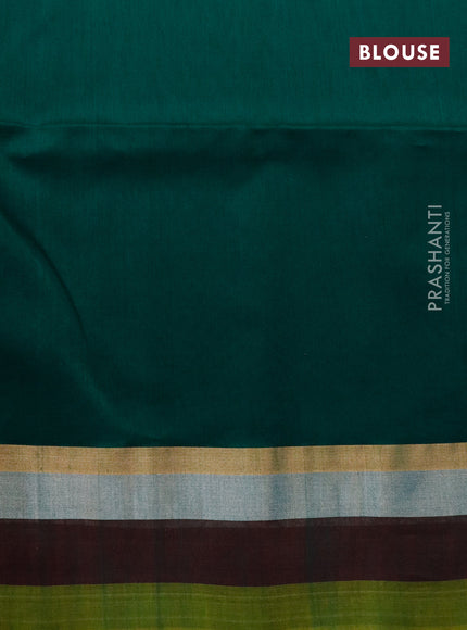 Kora silk cotton saree dark green with silver zari woven box type buttas and zari woven simple border