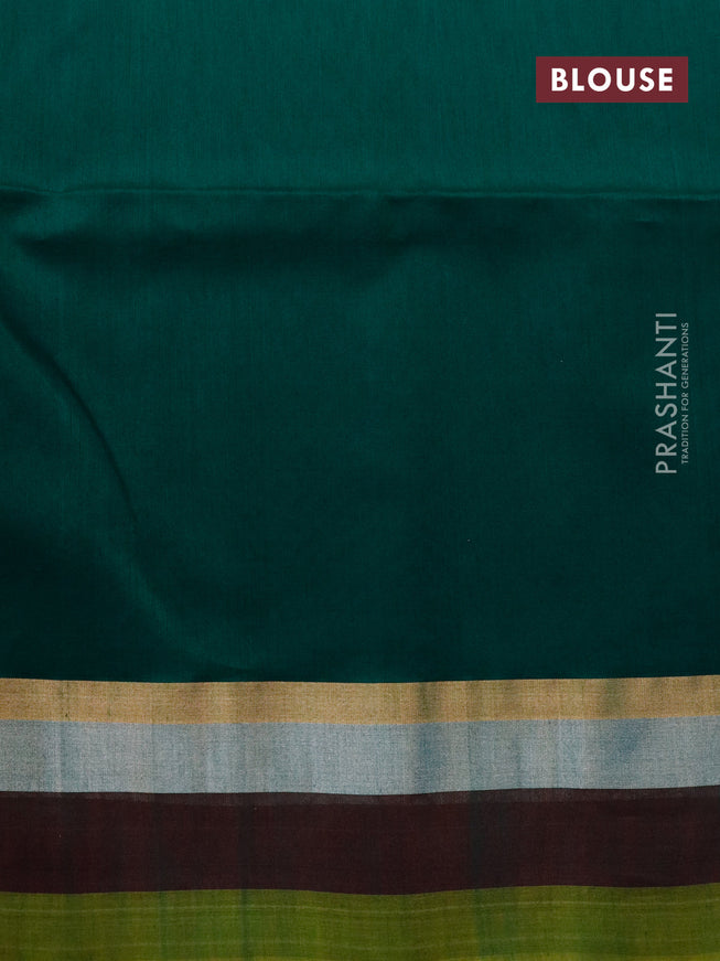 Kora silk cotton saree dark green with silver zari woven box type buttas and zari woven simple border