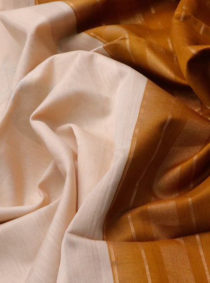 Kora silk cotton saree cream and mustard shade with zari woven buttas and zari woven piping border