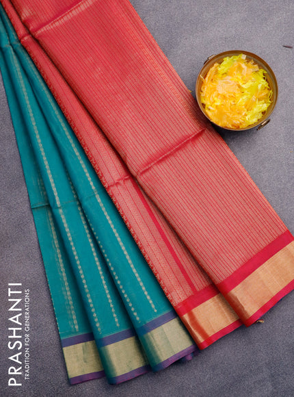 Kora silk cotton saree teal blue and pink with allover zari weaves and zari woven border