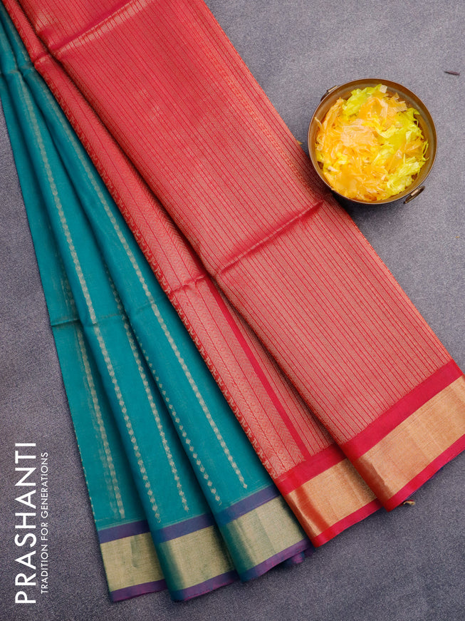 Kora silk cotton saree teal blue and pink with allover zari weaves and zari woven border