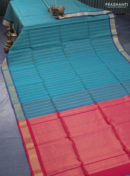 Kora silk cotton saree teal blue and pink with allover zari weaves and zari woven border