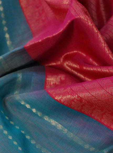 Kora silk cotton saree teal blue and pink with allover zari weaves and zari woven border