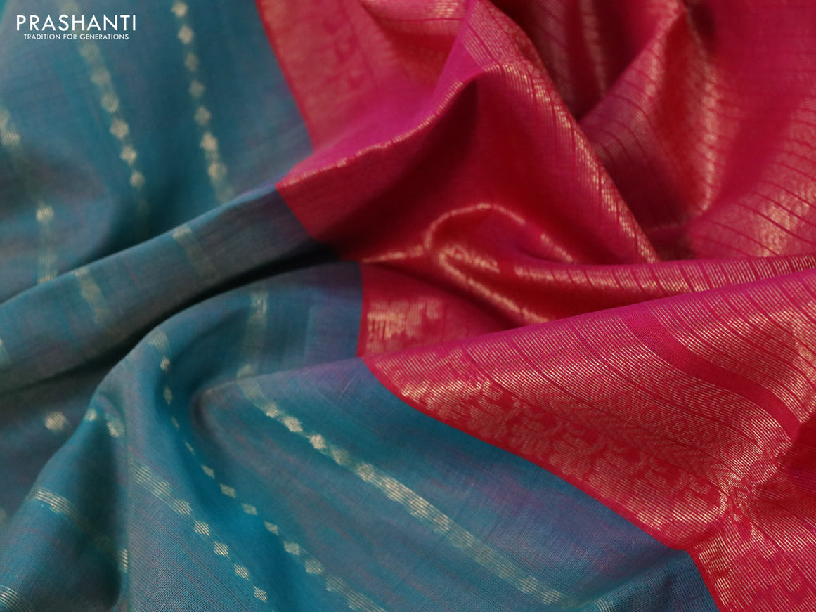 Kora silk cotton saree teal blue and pink with allover zari weaves and zari woven border