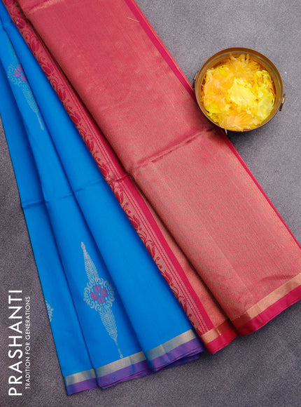 Kora silk cotton saree cs blue and pink with thread & zari woven buttas and piping border