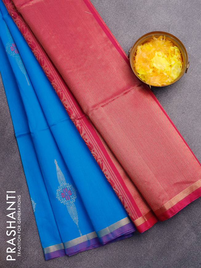 Kora silk cotton saree cs blue and pink with thread & zari woven buttas and piping border