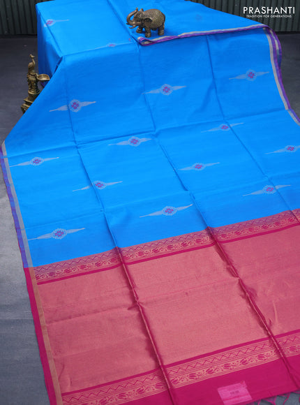 Kora silk cotton saree cs blue and pink with thread & zari woven buttas and piping border