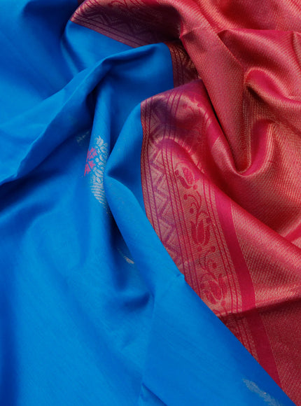 Kora silk cotton saree cs blue and pink with thread & zari woven buttas and piping border