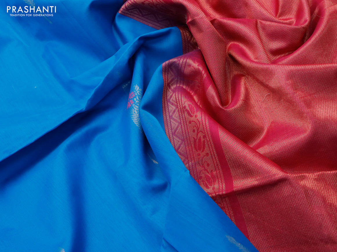 Kora silk cotton saree cs blue and pink with thread & zari woven buttas and piping border