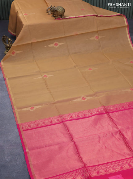 Kora silk cotton saree sandal and pink with thread & zari woven buttas and piping border