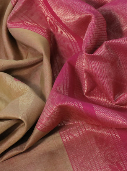 Kora silk cotton saree sandal and pink with thread & zari woven buttas and piping border