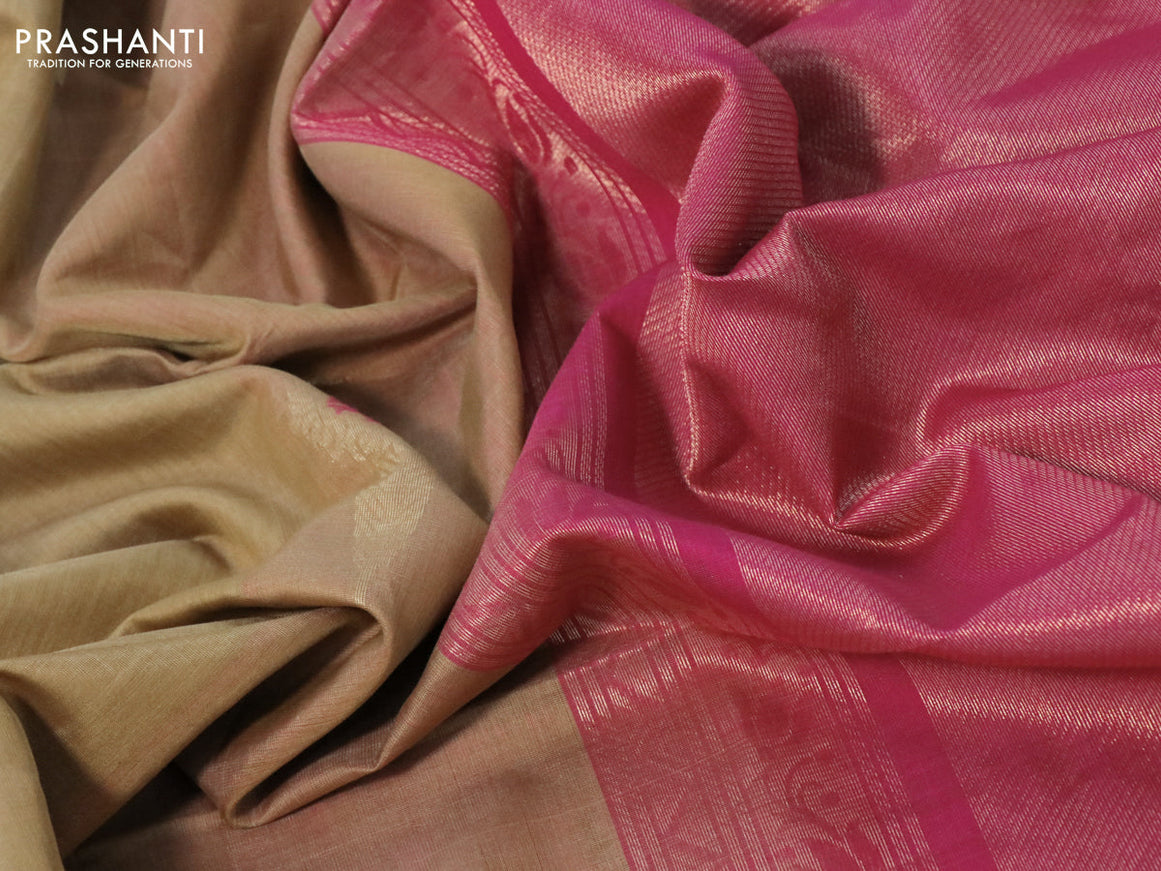 Kora silk cotton saree sandal and pink with thread & zari woven buttas and piping border