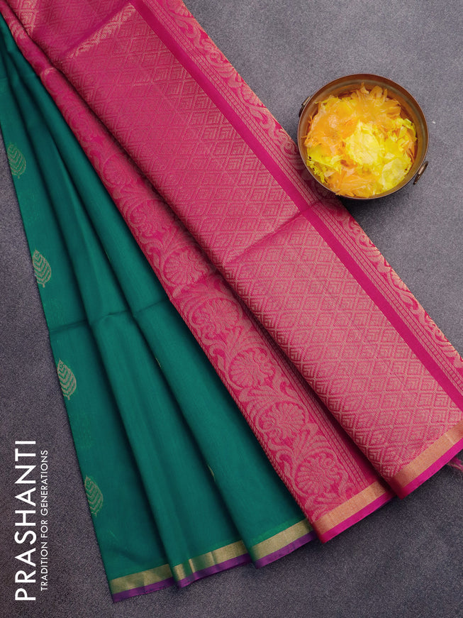 Kora silk cotton saree teal green and pink with zari woven leaf buttas and zari woven border