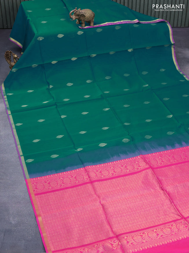 Kora silk cotton saree teal green and pink with zari woven leaf buttas and zari woven border