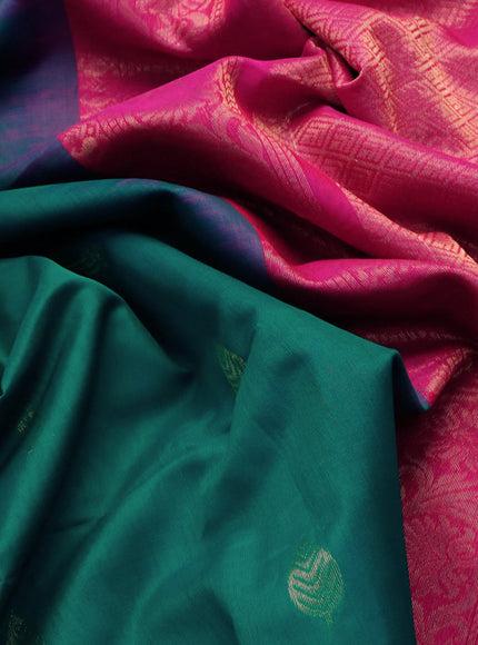 Kora silk cotton saree teal green and pink with zari woven leaf buttas and zari woven border