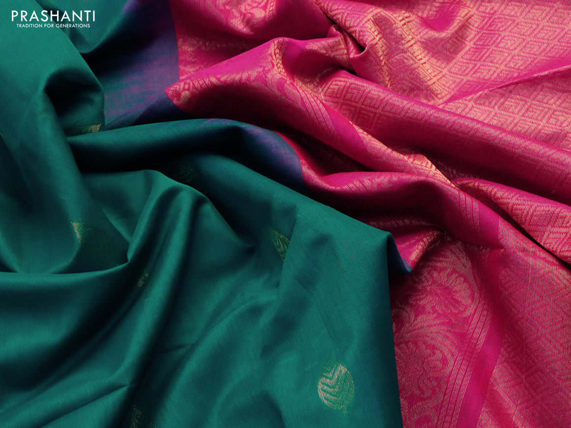 Kora silk cotton saree teal green and pink with zari woven leaf buttas and zari woven border