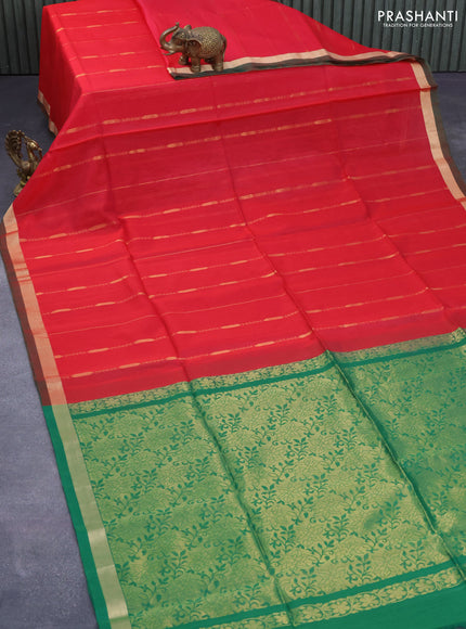 Kora silk cotton saree red and green with allover zari weaves and zari woven border